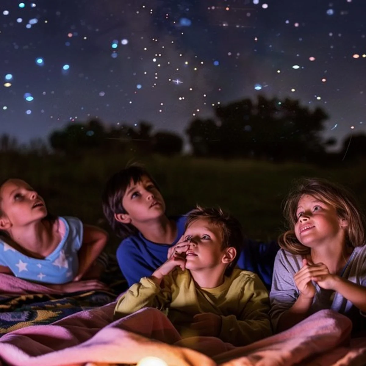 family children using stargazing app czech night sky