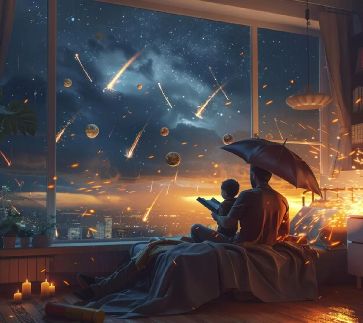 watching meteor shower at home cozy window at night