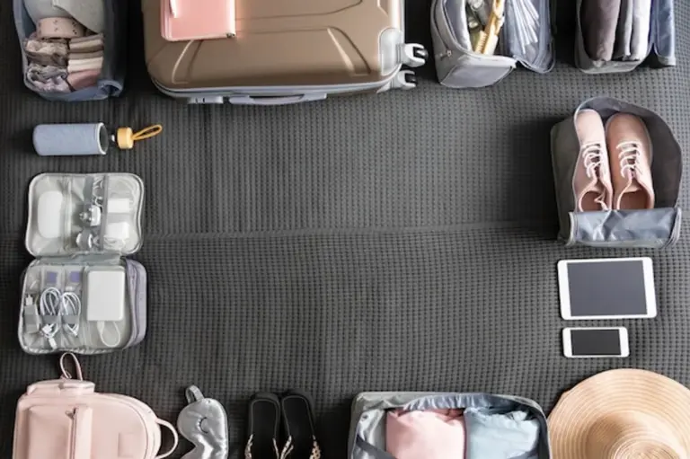 minimalist travel packing suitcase top view