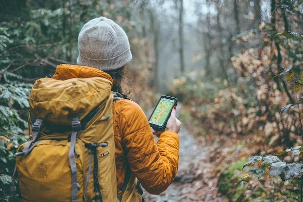 hiker using phone navigation forest autumn fog