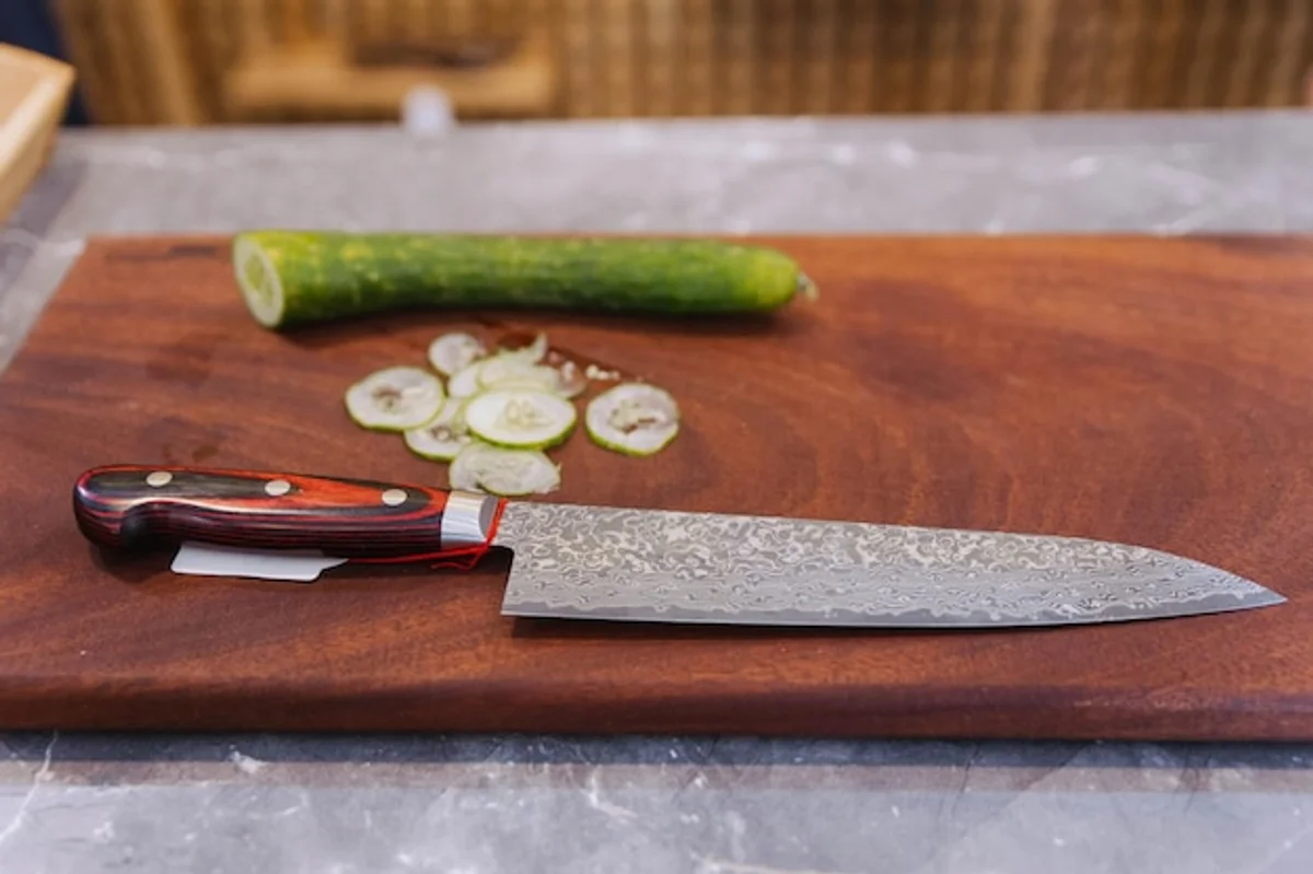 sharp kitchen knife close up on wooden cutting board