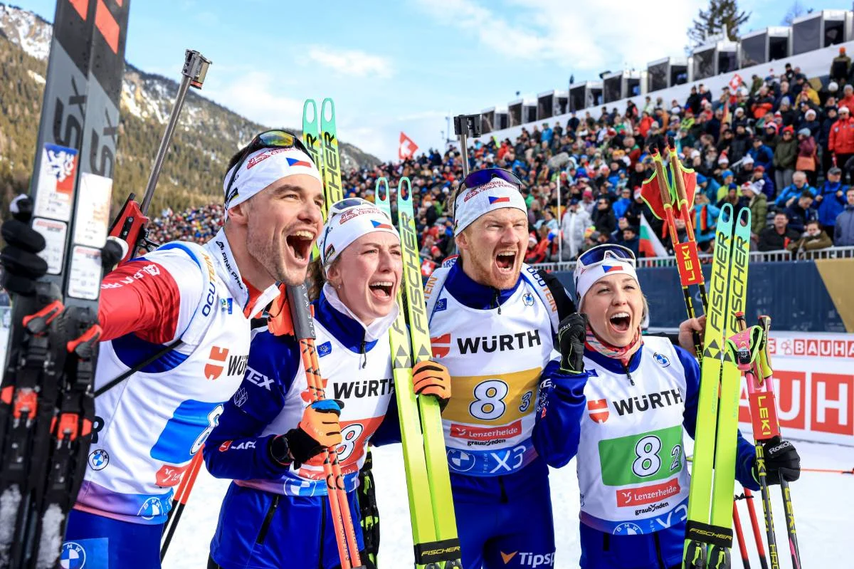 Czech biathlon team celebrating victory