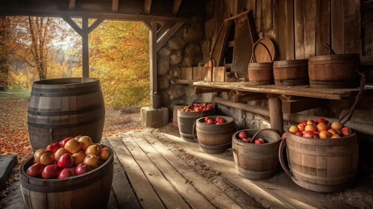 cellar full of apples and vegetables in wooden crates