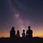 family stargazing from home window night czech republic