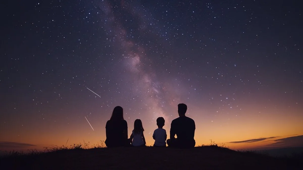 family stargazing from home window night czech republic