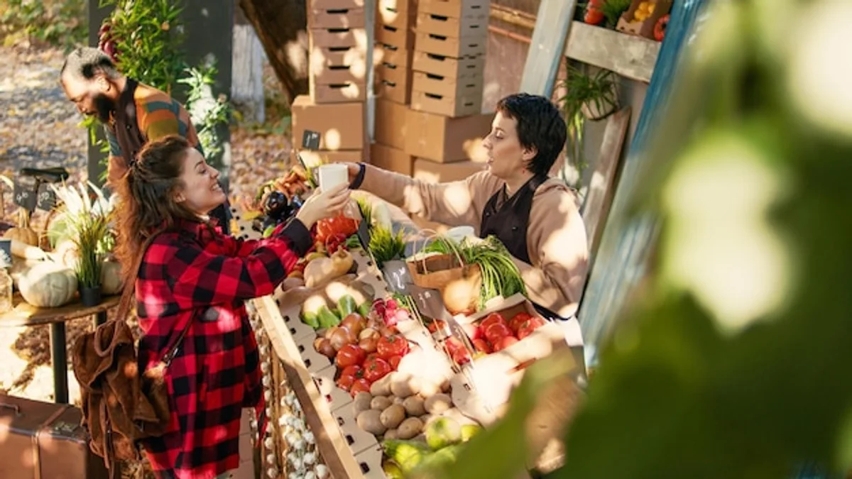 woman shopping seasonal vegetables czech market