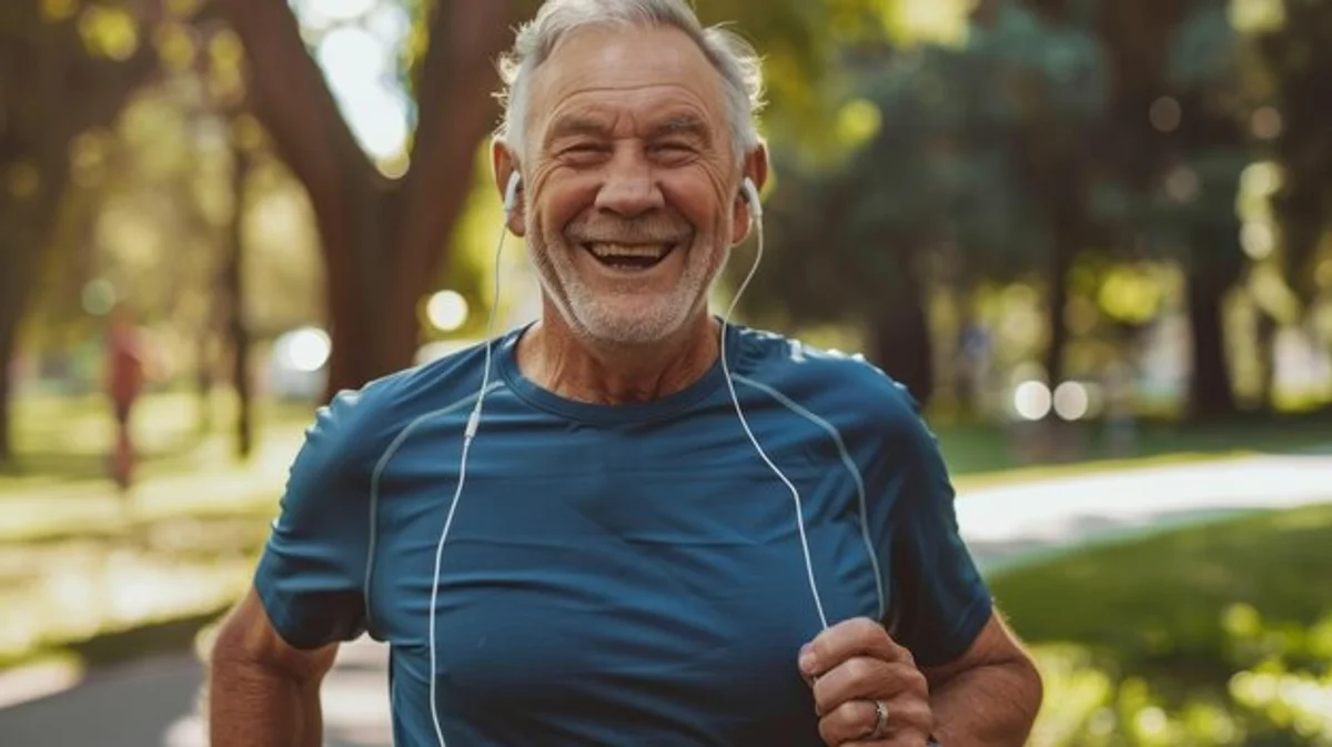 Mature person running in the park with a smile