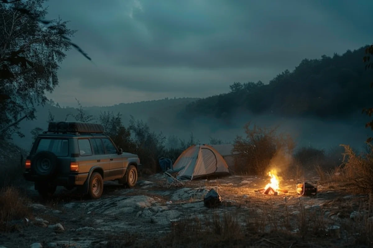 cozy autumn travel couple rain car foggy landscape