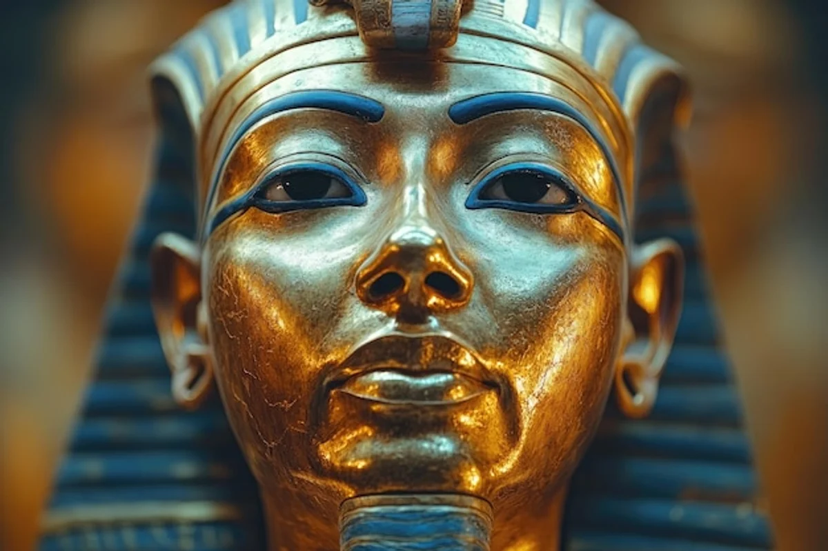 Tutankhamun tomb interior golden mask close up