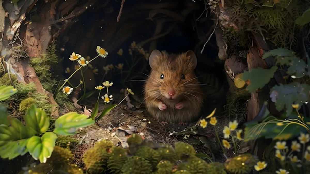 autumn mouse hiding food forest closeup
