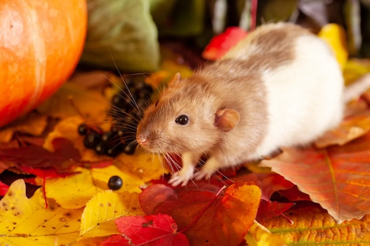 mouse storing food in autumn forest stock photo