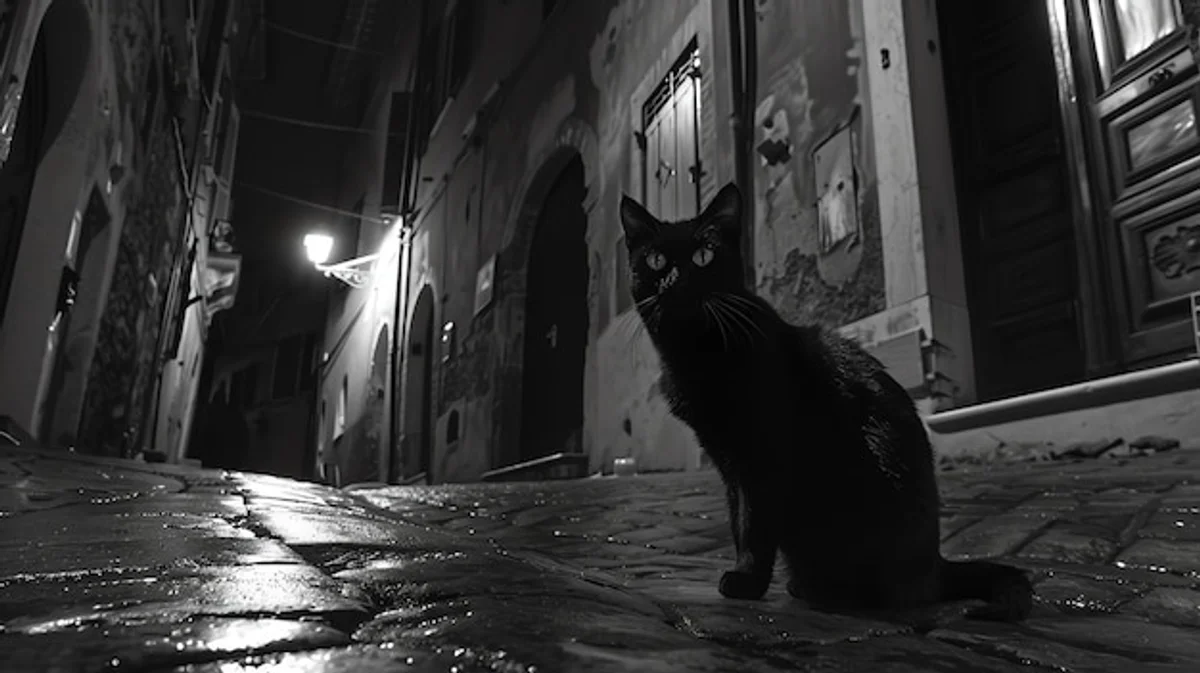 ancient roman street at dusk with black cat