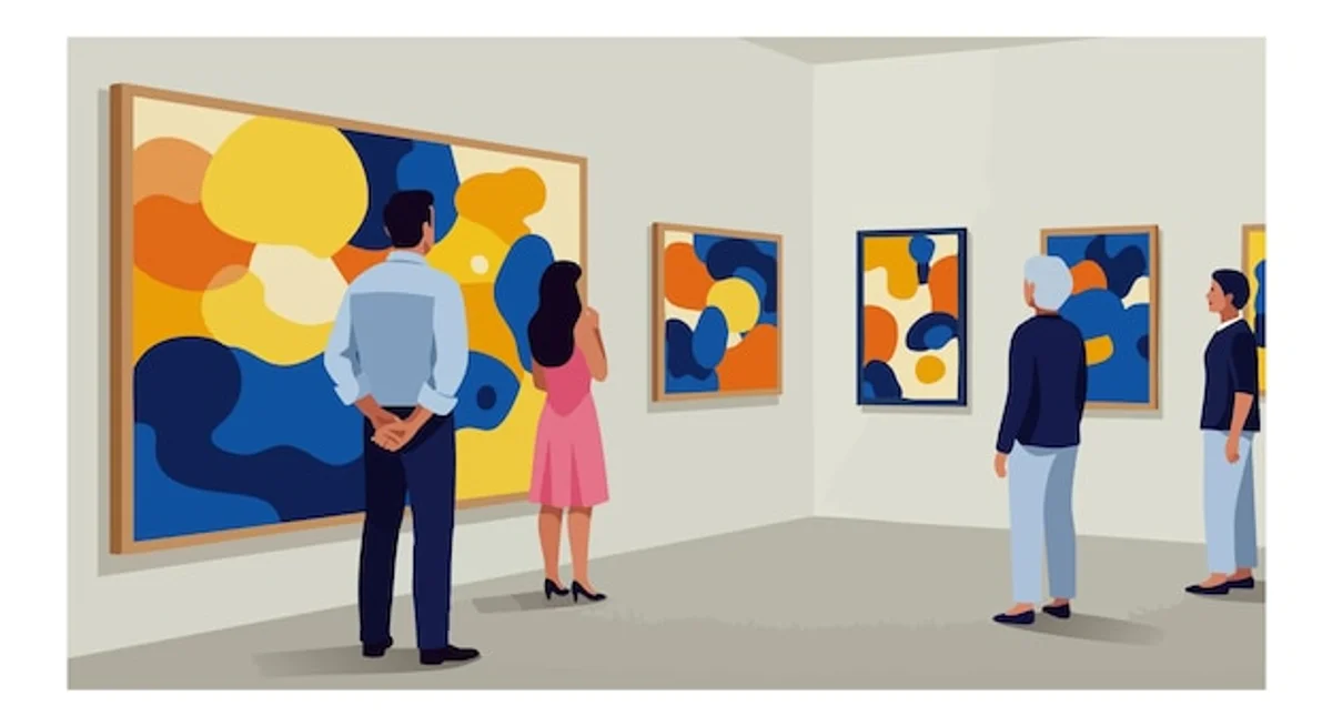 people observing abstract art in gallery