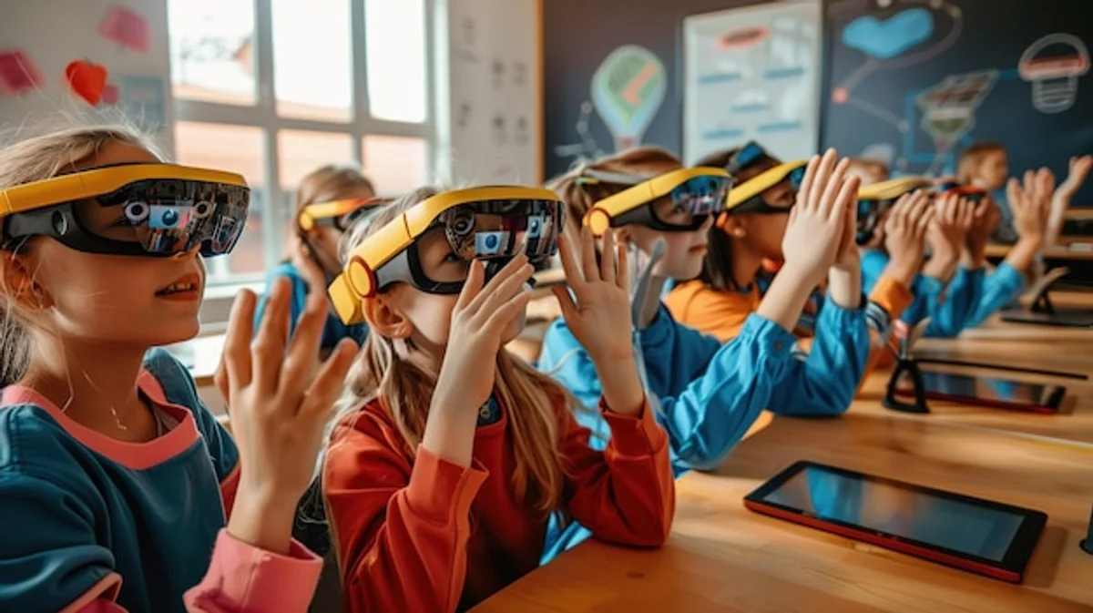 teacher using VR headset with students engaged classroom