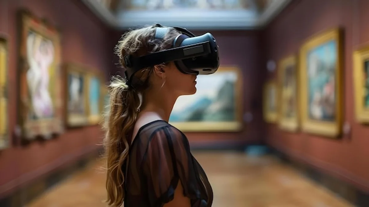 woman experiencing virtual museum exhibition at home with VR headset