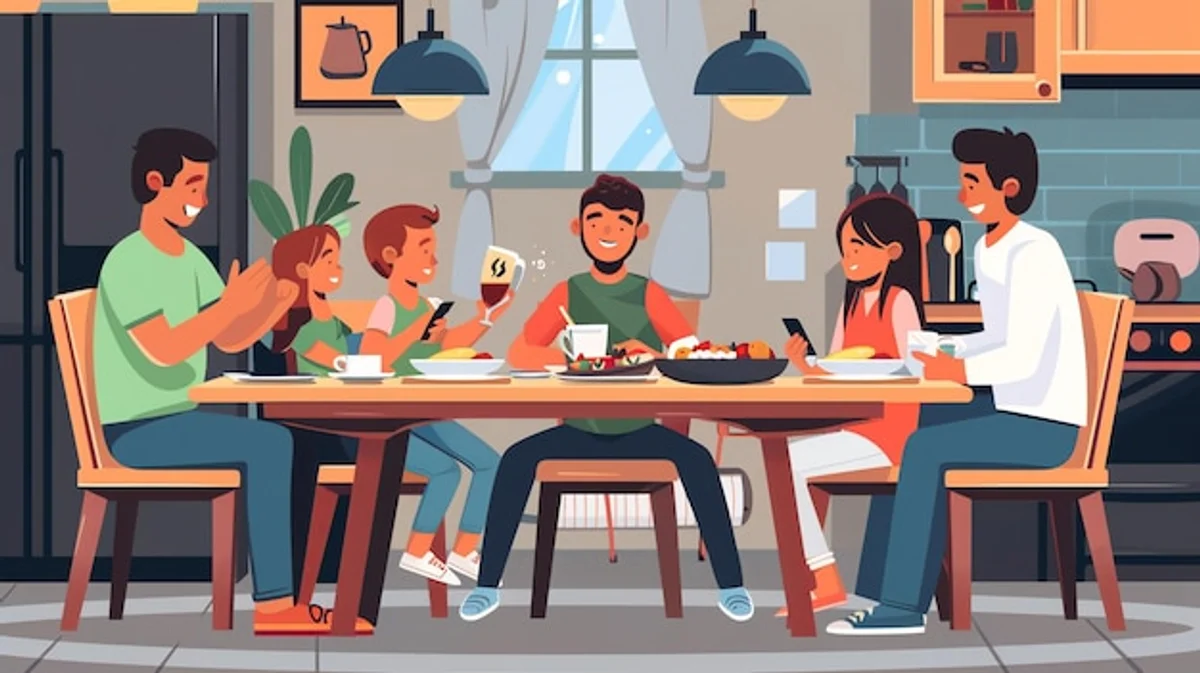 family using ai calendar on smartphone kitchen table