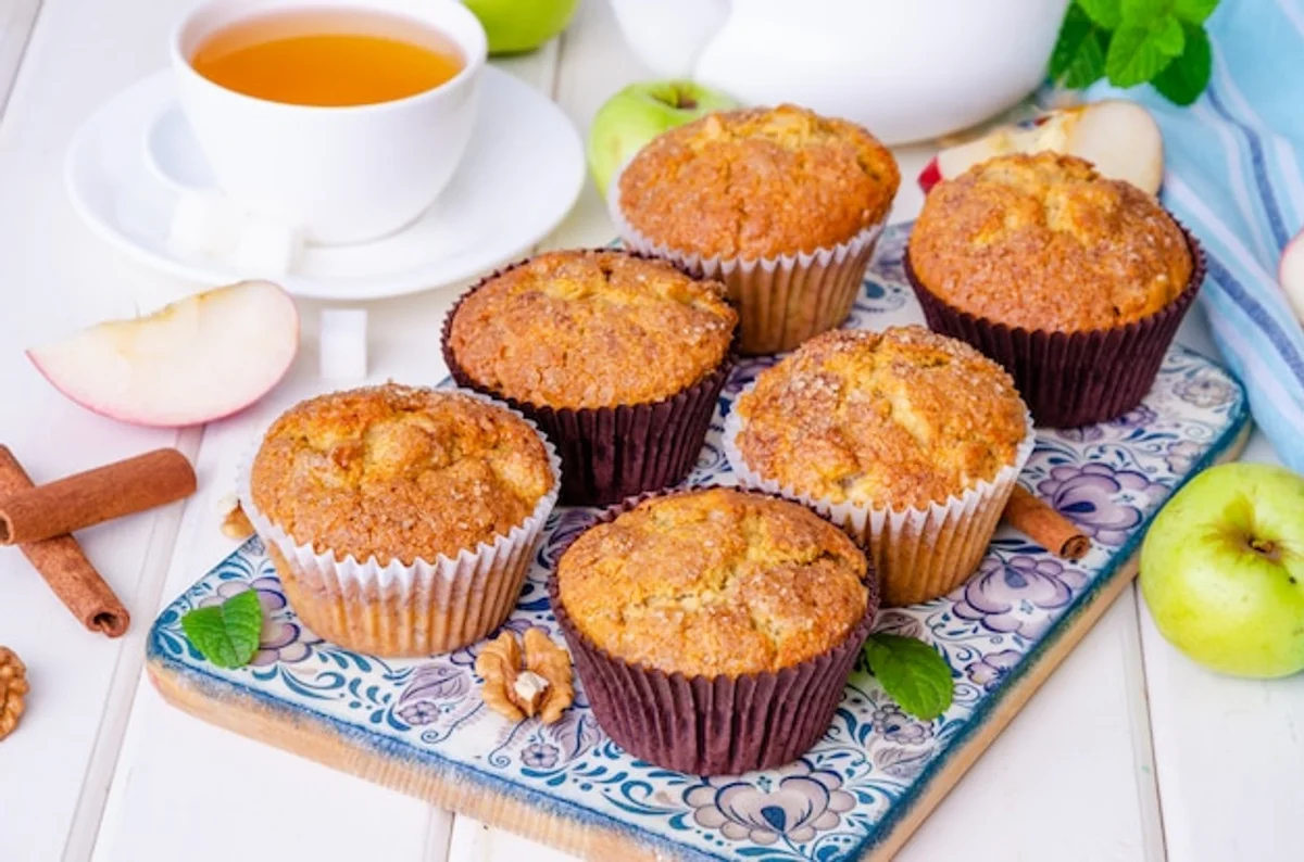healthy apple cinnamon muffins rustic table tea