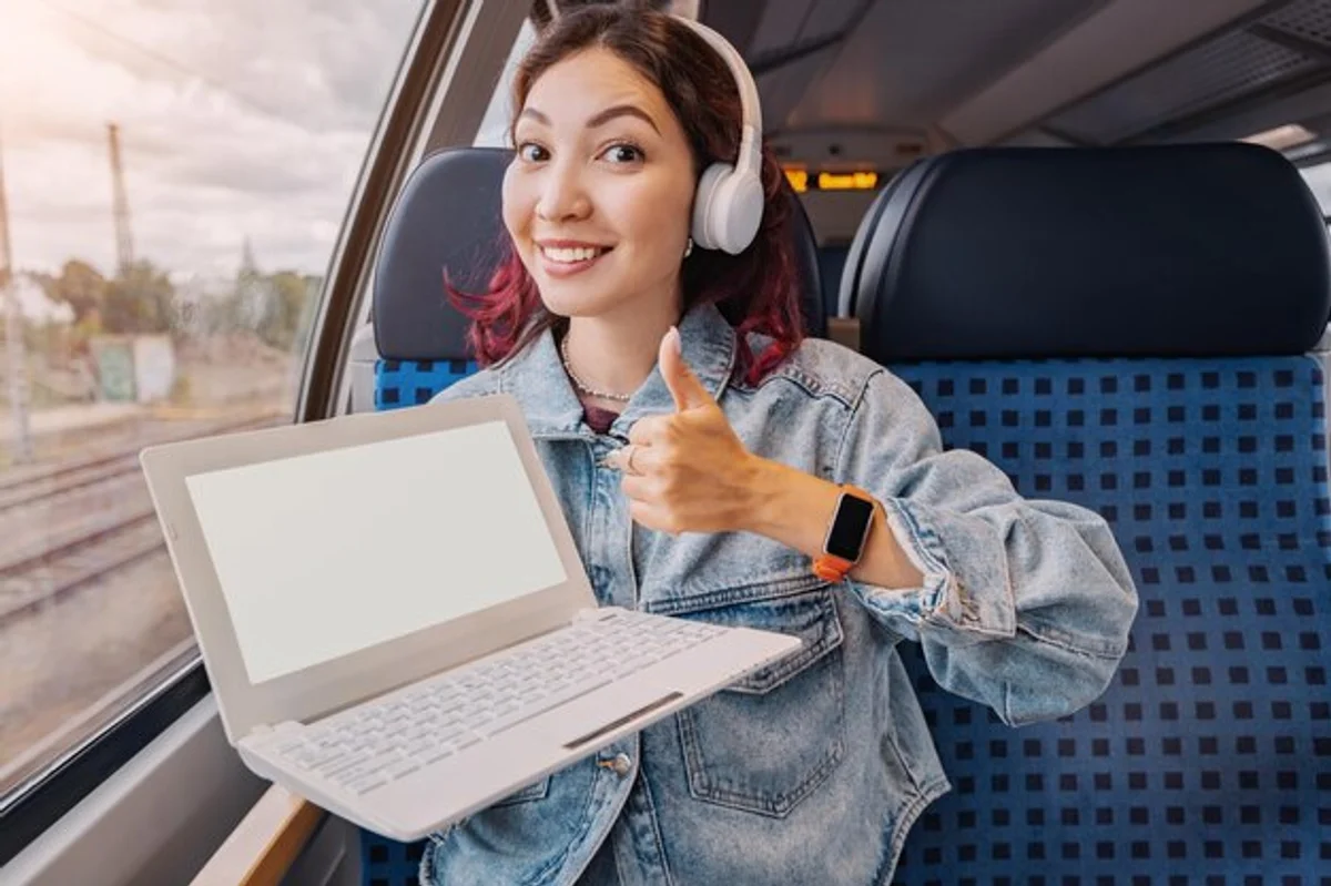 woman learning languages with headphones in public transport