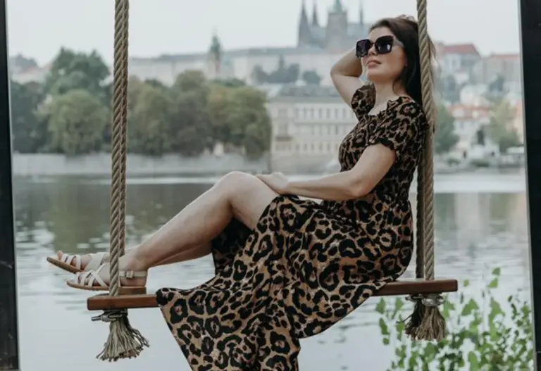 happy adult walking in Prague city nature park