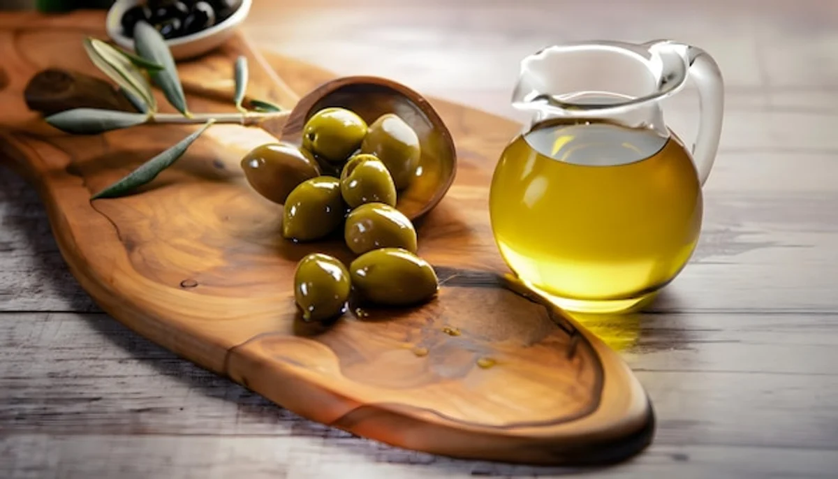 authentic italian olive oil bottle on rustic wooden table