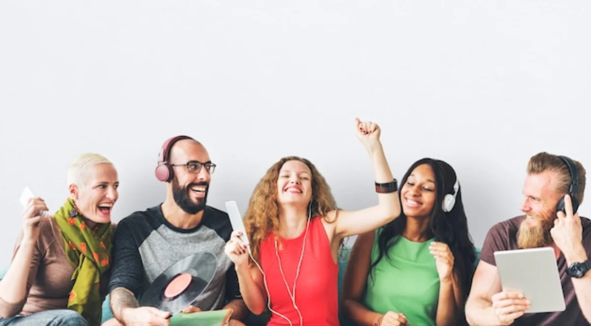 happy people listening to music headphones diverse