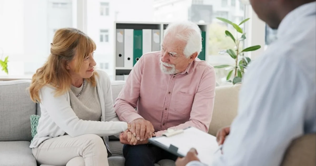 Serene family conversation in living room, soft lighting