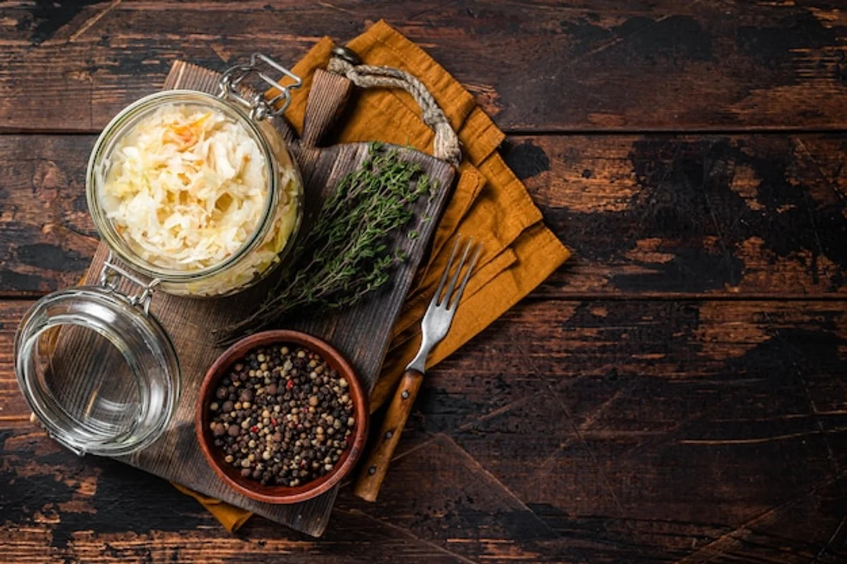 homemade sauerkraut in glass jar with spices