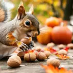 squirrel autumn collecting nuts close up