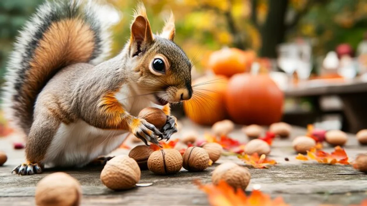 squirrel autumn collecting nuts close up