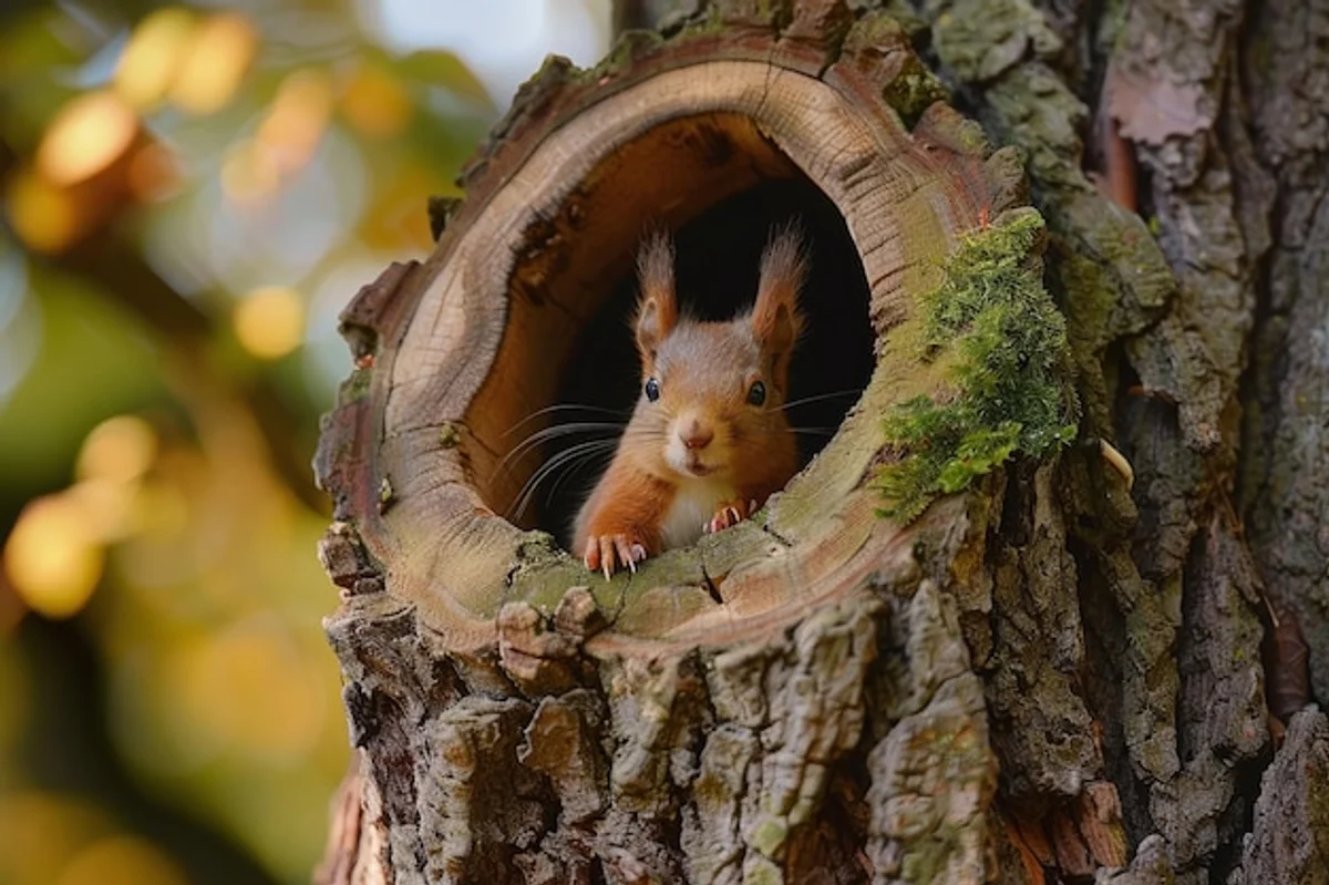 clever squirrel hiding nuts in tree hollow close up