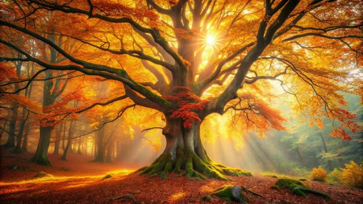 ancient oak tree in forest sunrise magical