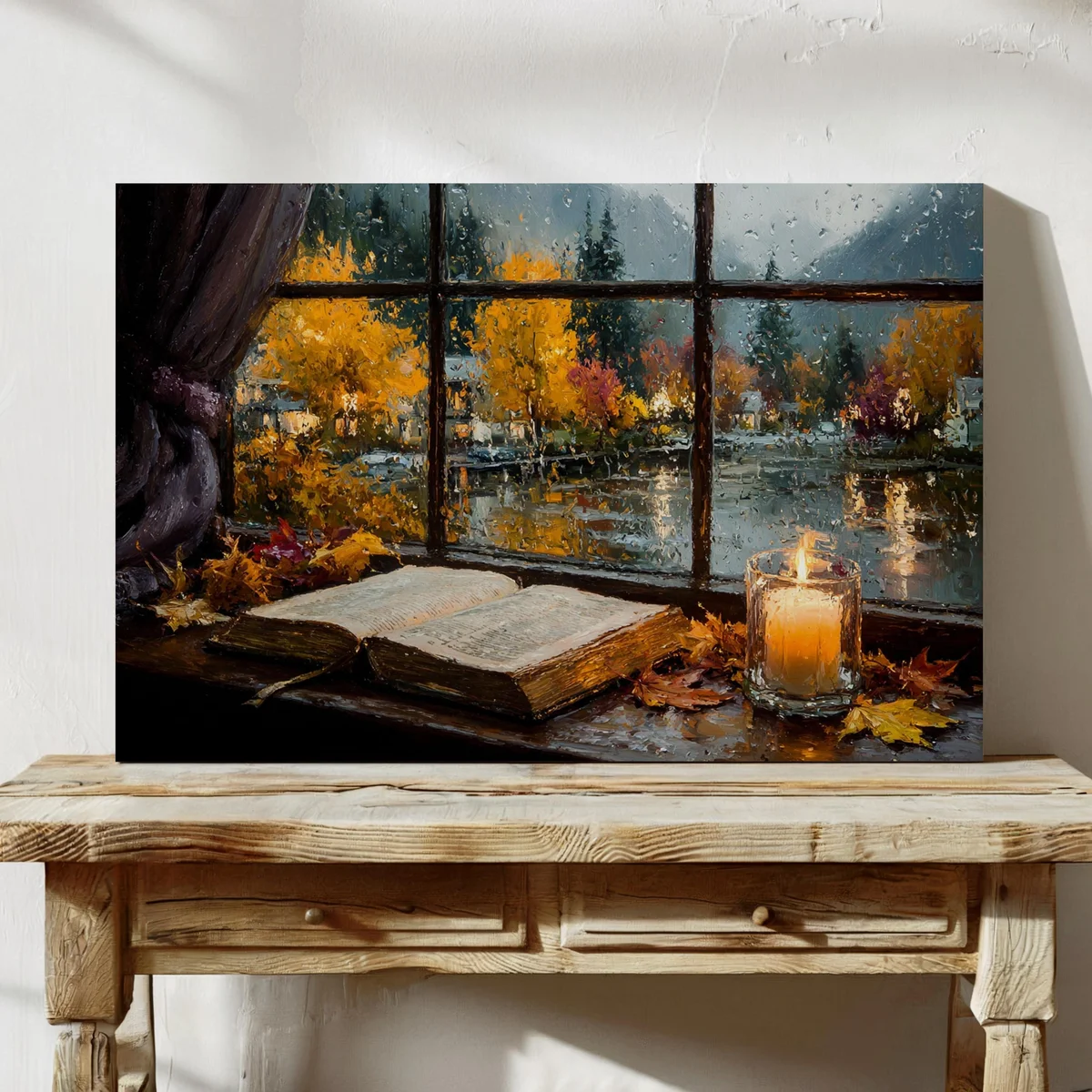 cozy autumn art exhibition in czech small town, inside, few people