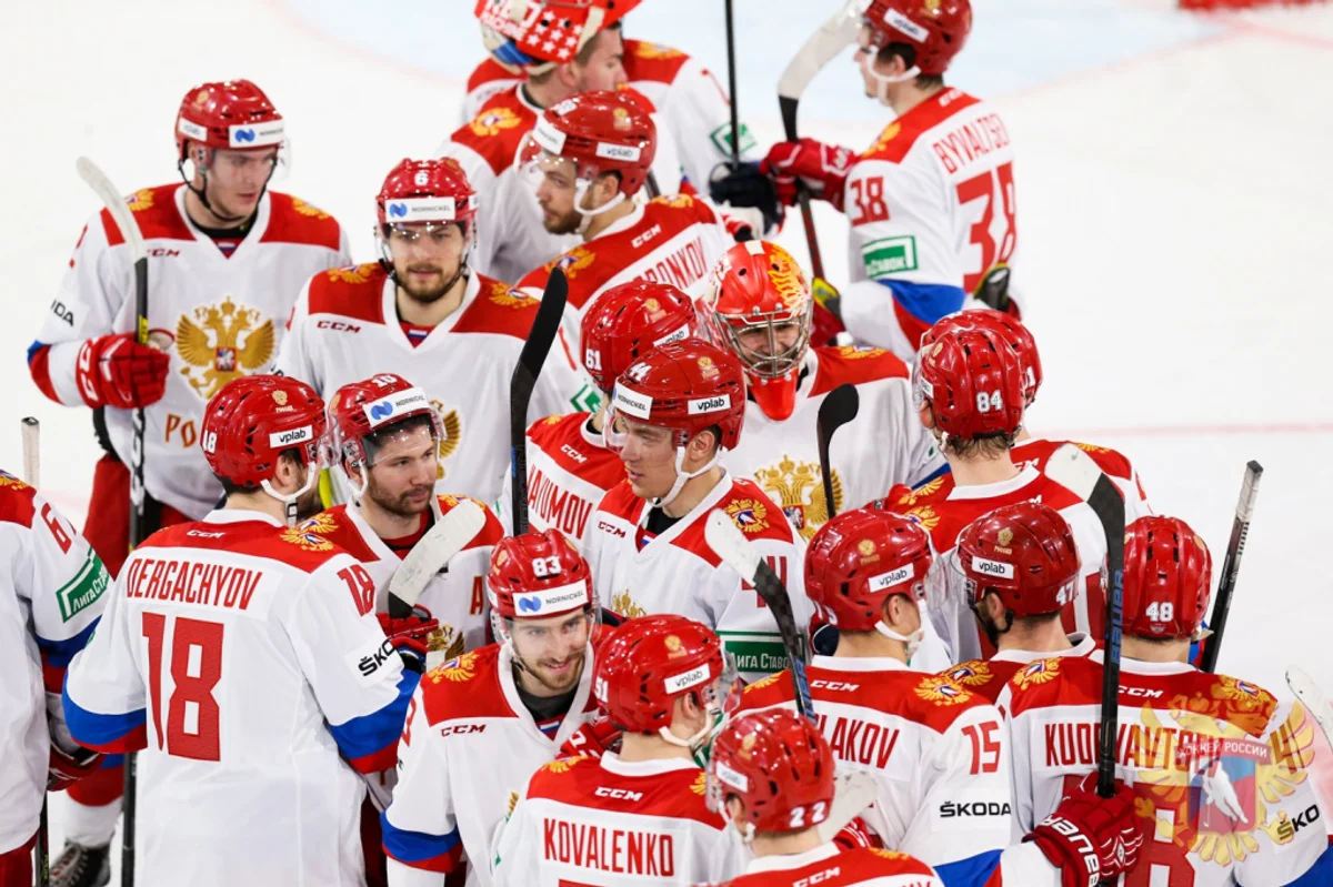 Czech ice hockey team celebrating victory statistics scoreboard
