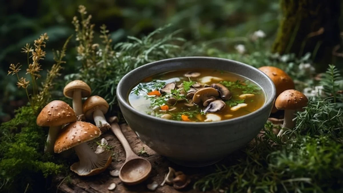 czech forest mushroom soup in rustic bowl