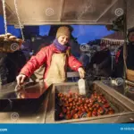street vendor roasted chestnuts Czech Republic winter
