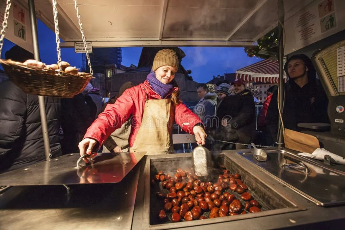 roasted chestnuts winter street food Czech atmosphere