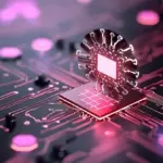 futuristic quantum computer, glowing qubits, cutting edge technology