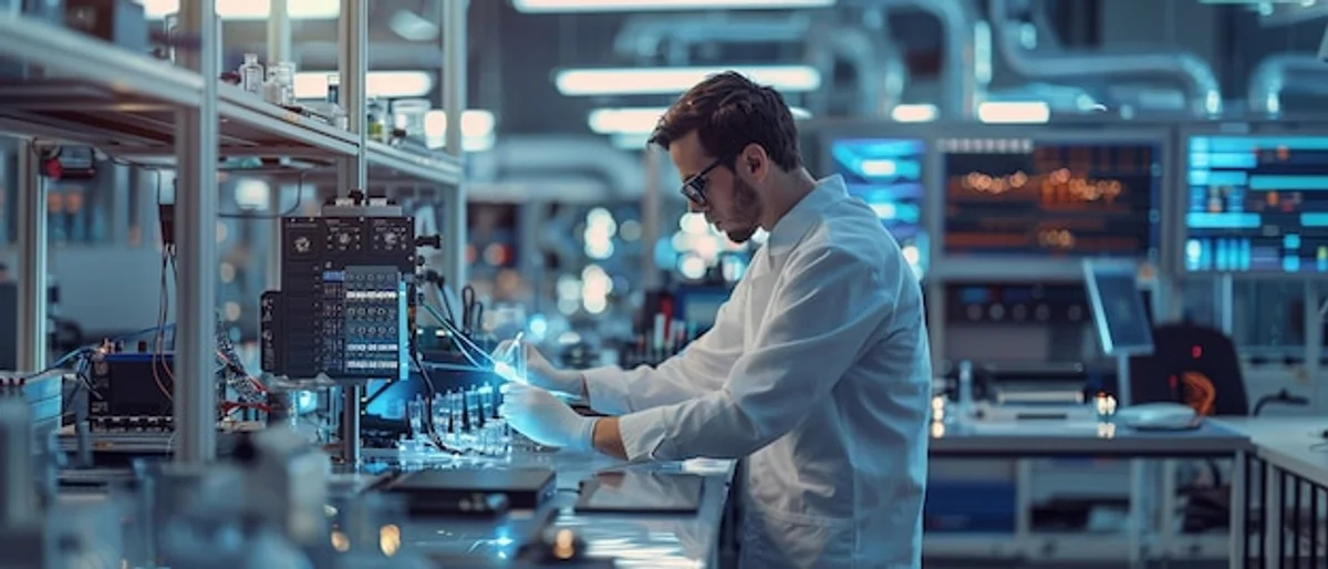 scientists working with quantum computer, futuristic laboratory