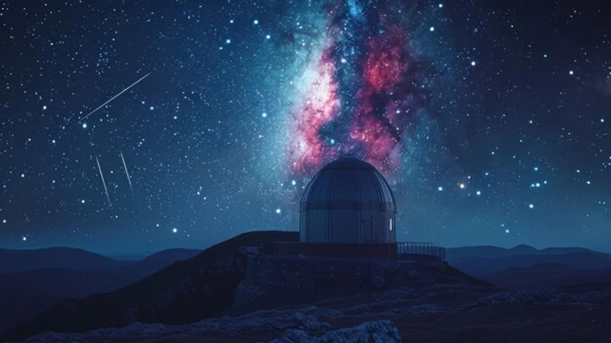 European observatory at night sky with telescope dome and Milky Way