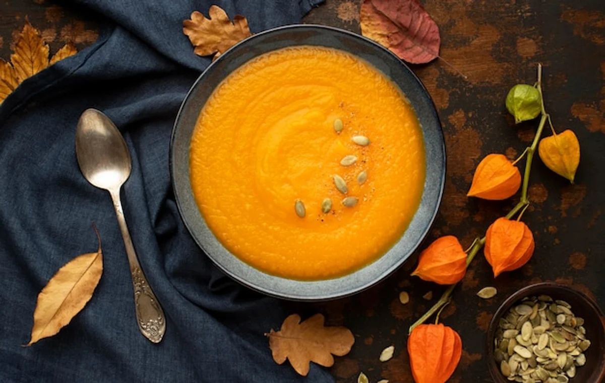 quick homemade pumpkin soup rustic top view