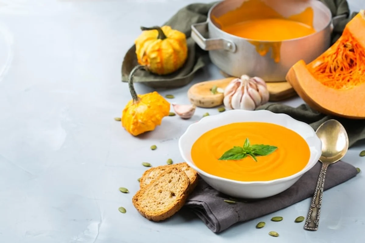 pumpkin soup with seeds and bread bowl autumn cozy