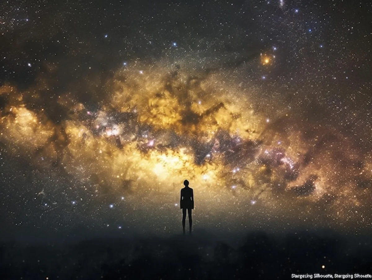 man stargazing in night nature, feeling small in universe