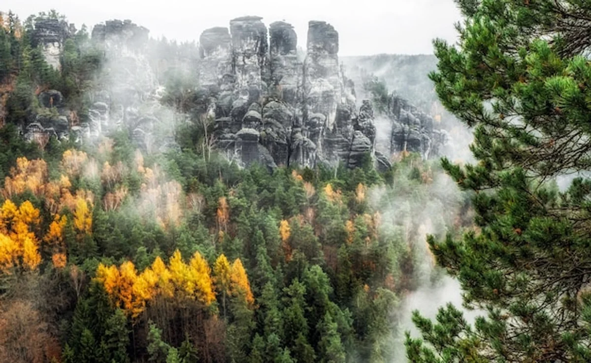 autumn hiking Czech countryside scenic fog morning