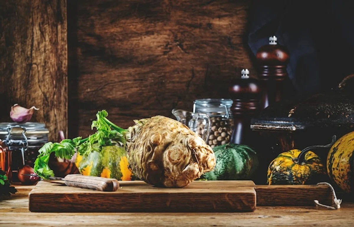 fresh autumn herbs on rustic table