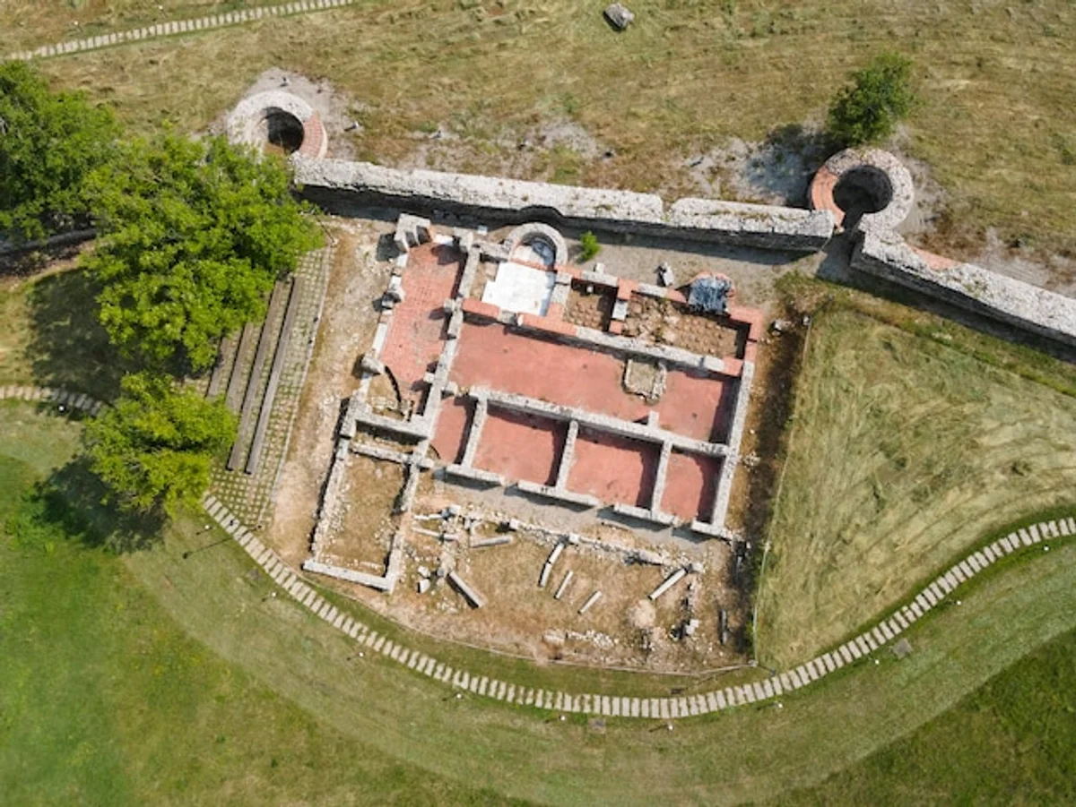 roman fort ruins europe drone view