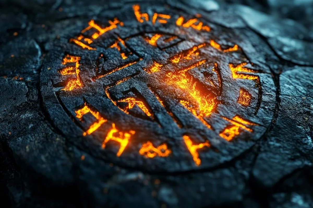 ancient runes engraved stone close up