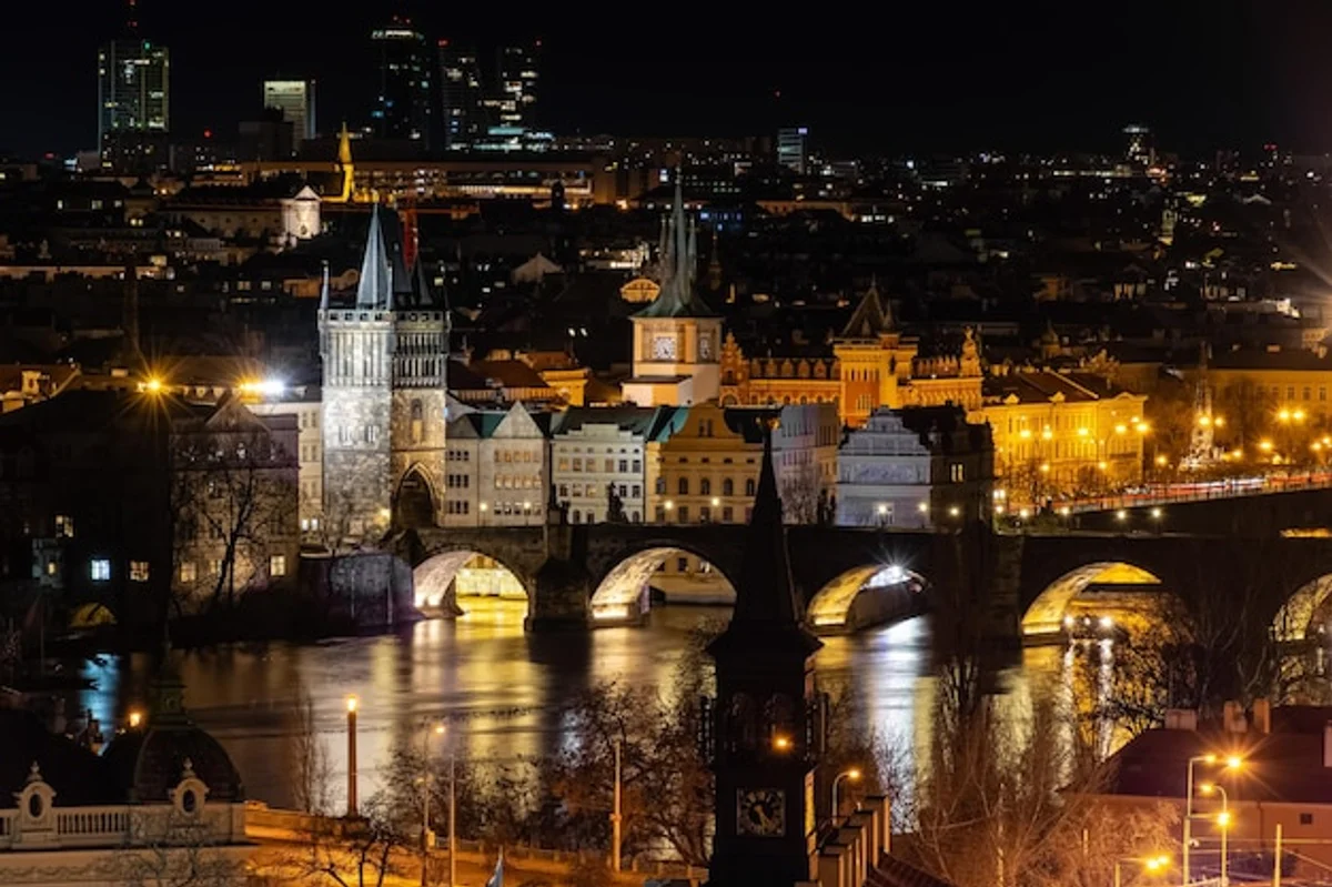 prague vltava river cityscape evening