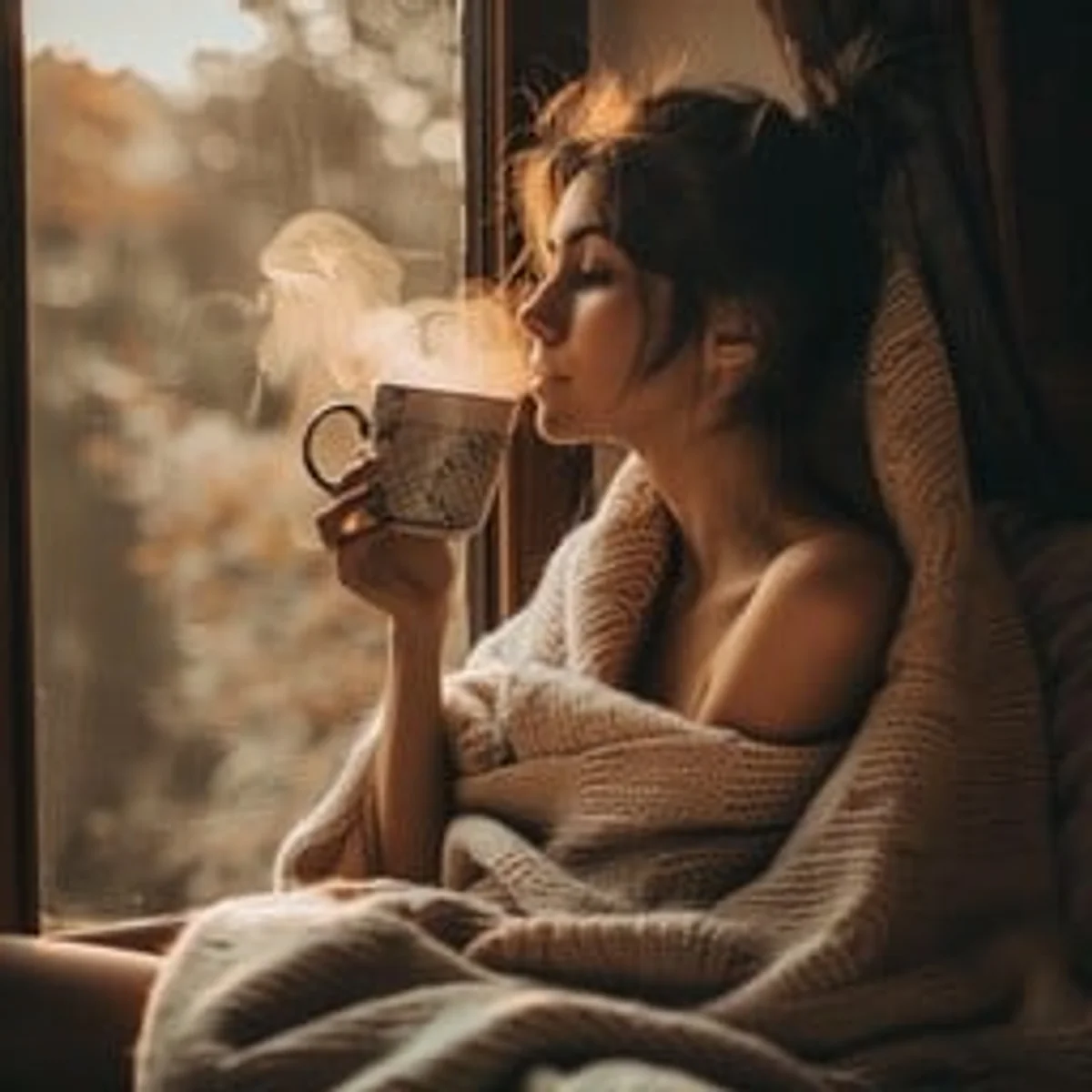 autumn tiredness woman blanket coffee morning czech