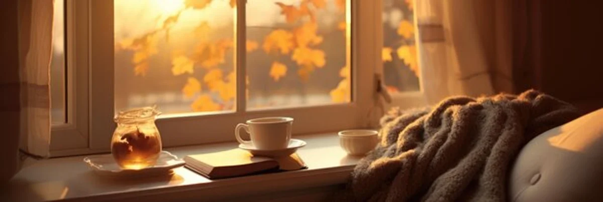 slow living autumn home book hot tea rain window