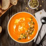 pumpkin soup top view with seeds and fresh bread autumn table